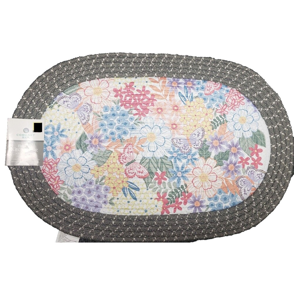 Oval Braided Kitchen Rug (18" x 27") MULTICOLOR FLOWERS & BUTTERFLIES GARDEN, CB